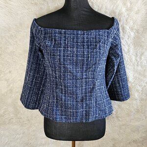 Zara Women's Blue Tweed Textured Off the Shoulder Top 3/4 Sleeve M